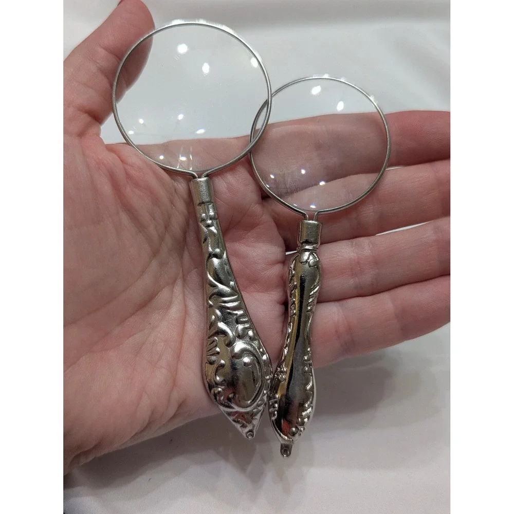 Vintage Ornate Magnifying Glass Pair Decorative Silver Tone Desk Accessories